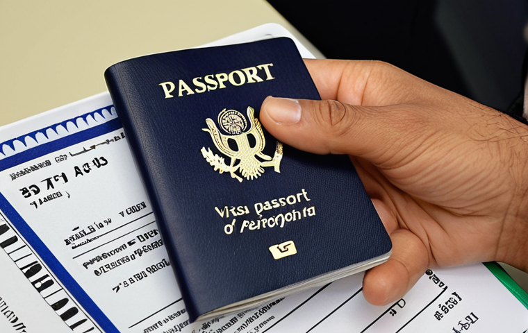**Passport and Visa Check:** Close-up shot of hands holding a passport and visa, emphasizing the importance of valid travel documents before arriving in Saudi Arabia.
