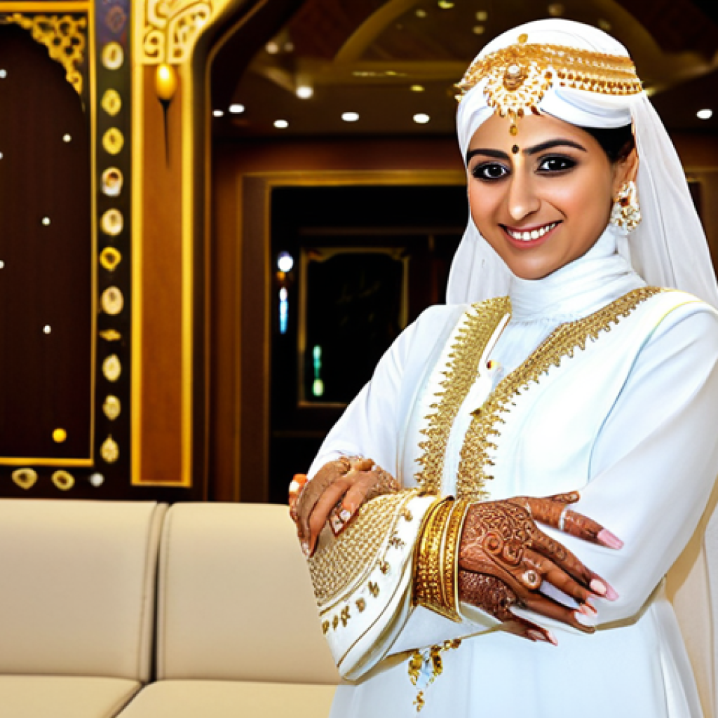 **

A Saudi Arabian bride, fully clothed in a Thobe-style dress with gold embroidery, stands in a traditionally decorated wedding hall. She wears a Shaila on her head, adorned with pearls. A gold belt (Hizam) cinches her waist. The bride is smiling, showcasing her Mehndi decorated hands. Perfect anatomy, correct proportions, natural pose, well-formed hands, proper finger count, natural body proportions. Safe for work, appropriate content, professional, modest, family-friendly.

**