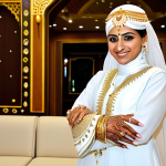 **

A Saudi Arabian bride, fully clothed in a Thobe-style dress with gold embroidery, stands in a traditionally decorated wedding hall. She wears a Shaila on her head, adorned with pearls. A gold belt (Hizam) cinches her waist. The bride is smiling, showcasing her Mehndi decorated hands. Perfect anatomy, correct proportions, natural pose, well-formed hands, proper finger count, natural body proportions. Safe for work, appropriate content, professional, modest, family-friendly.

**