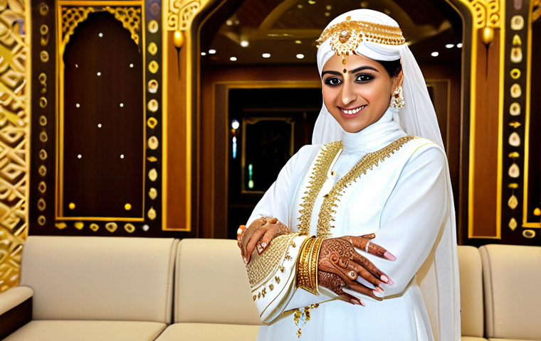**
A Saudi Arabian bride, fully clothed in a Thobe-style dress with gold embroidery, stands in a traditionally decorated wedding hall. She wears a Shaila on her head, adorned with pearls. A gold belt (Hizam) cinches her waist. The bride is smiling, showcasing her Mehndi decorated hands. Perfect anatomy, correct proportions, natural pose, well-formed hands, proper finger count, natural body proportions. Safe for work, appropriate content, professional, modest, family-friendly.
**